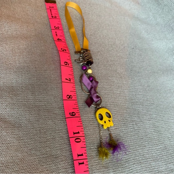 3x35$ 💀 Handmade - Skull short necklace - ruban bead feather -yellow purple - Picture 5 of 10